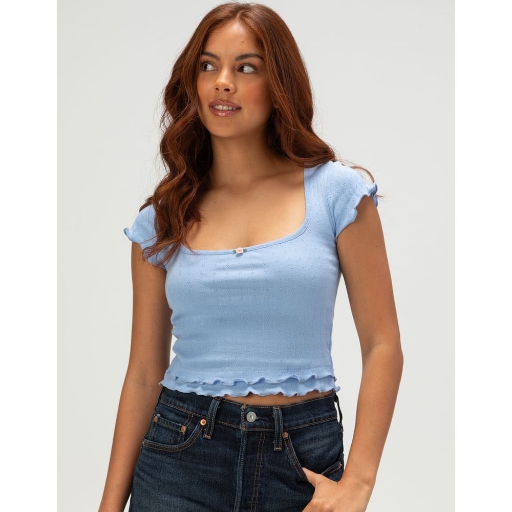 RSQ Womens Pointelle Ribbed Square Neck Rosette Lettuce‎ Trim Top Blue Small